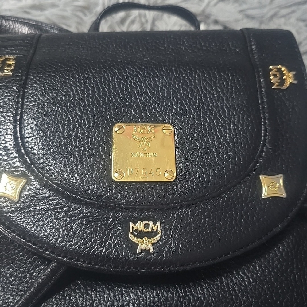 MCM Black Leather Logo Studded Backpack with Gold Hardware comes with COA - Picture 4 of 16